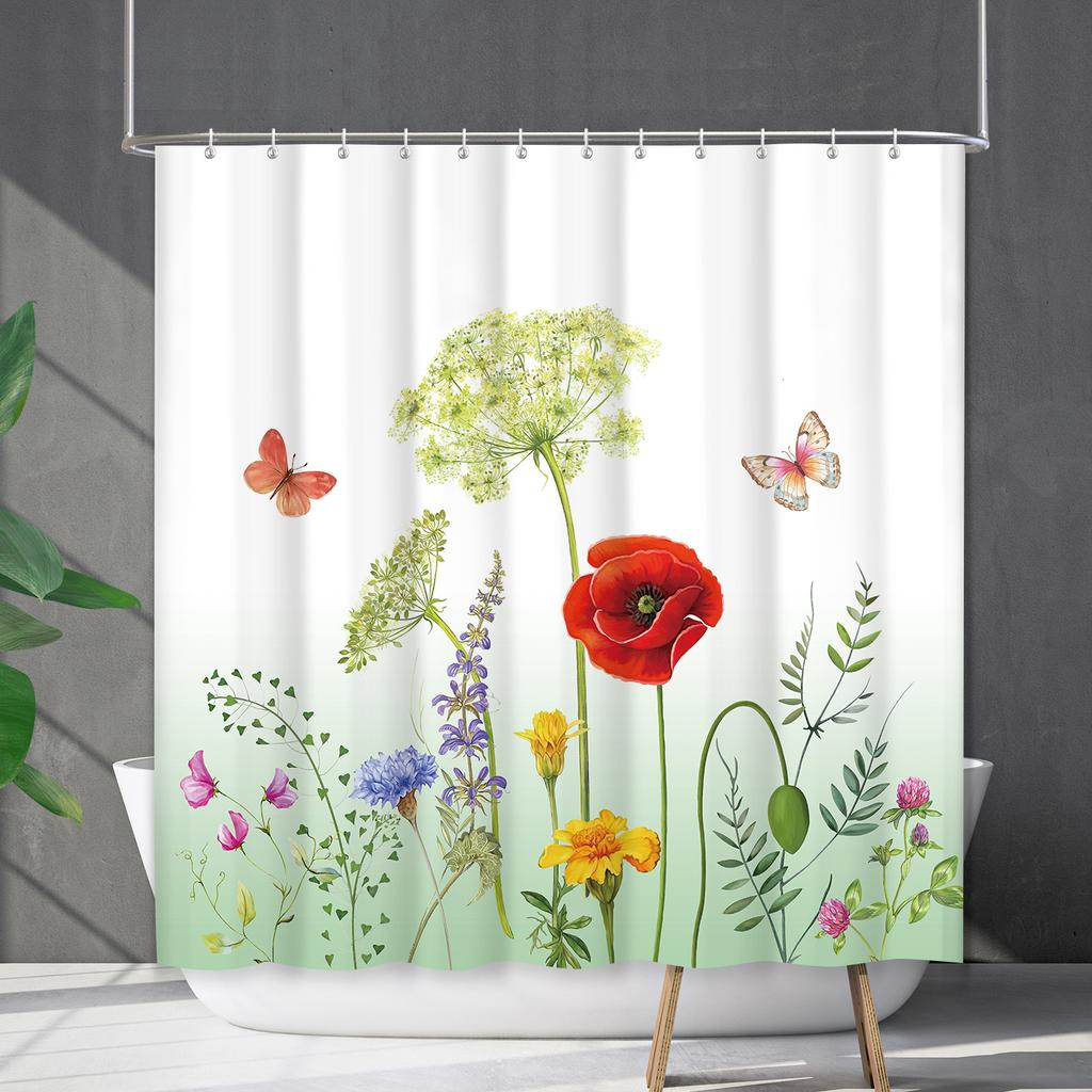 Duschvorhang Wasserdicht Und Schimmelresistent 3D Digitaldruck Pflanze Blume Und Gras Duschvorhang Badezimmer Trennvorhang