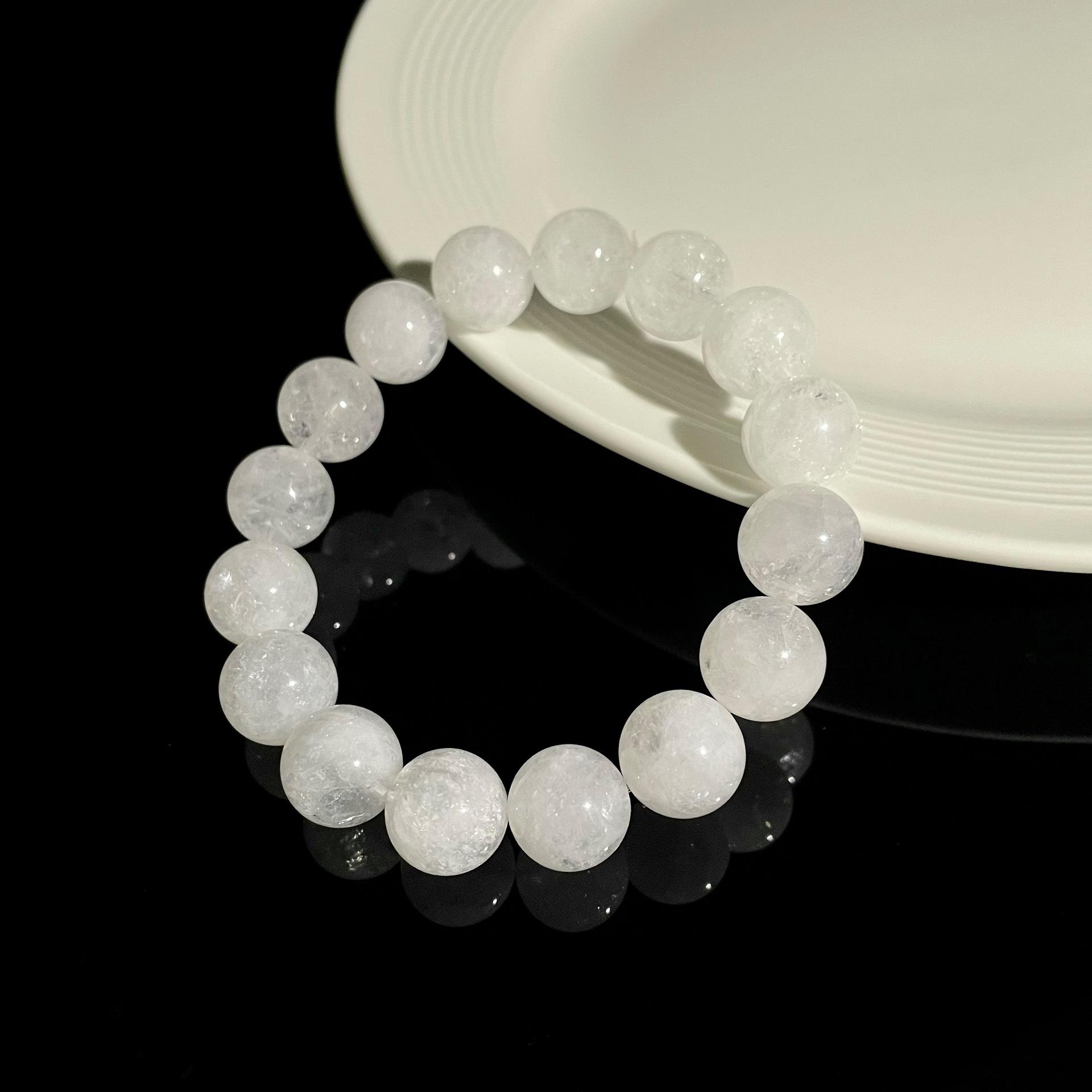 Jing Xi Ji Natural Snowflake Rutilated Quartz Crystal Bracelet with White Ghost Round Beads 7mm