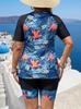 European & American Plus Size Sun Protection Two-Piece Swimsuit - Blue/Yellow Patchwork Half Sleeve Vest & Printed Bottom
