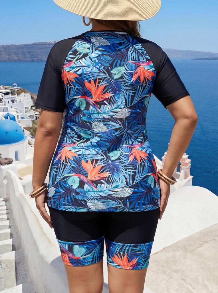 European & American Plus Size Sun Protection Two-Piece Swimsuit - Blue/Yellow Patchwork Half Sleeve Vest & Printed Bottom