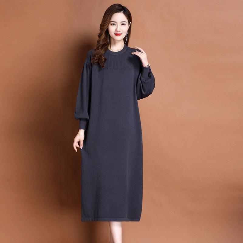 With Coat Over Knee Sweater Skirt Round Neck Inner with Bottom Skirt Women's Autumn and Winter Loose and Thin Medium and Long Knitted Dress