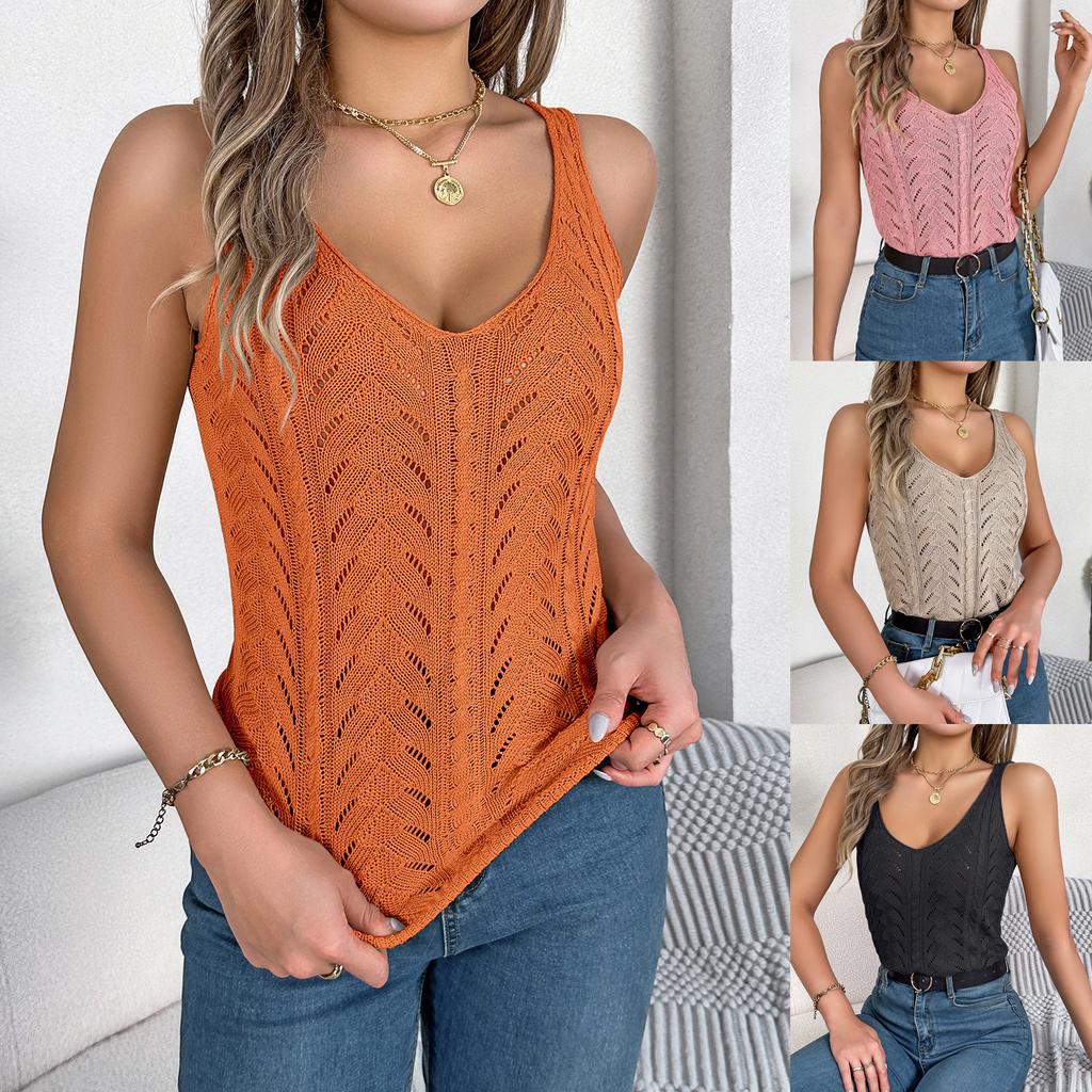 Summer Knit Hollow Out Tank Tops V-Neck Sleeveless Shirts Crochet Top Pullover Sweater Tanks Loose Blouses