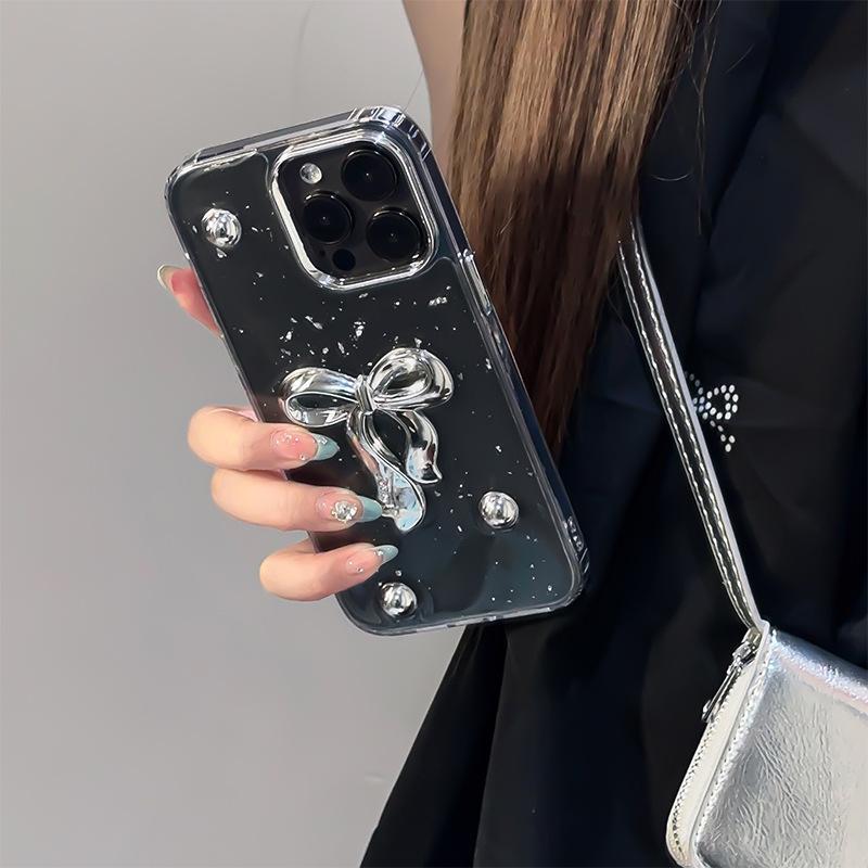 Applicable Iphone17Promax Silver Bead Silver Foil Mobile Phone Case Apple 16 Epoxy Transparent Wind Bow 15