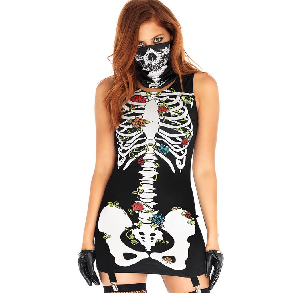 Women Ladies Sleeveless Bodycon Halloween Skeleton Skull Bone Print Jumpsuit