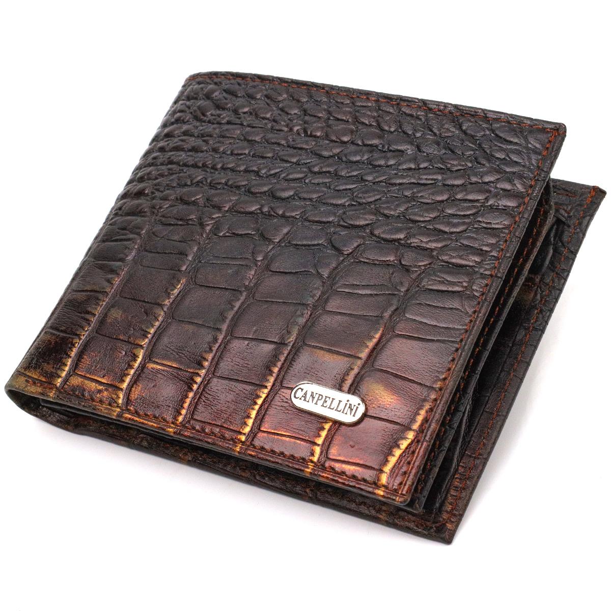 

Оригінальне чоловіче портмоне з натуральної фактурної шкіри з тисненням під крокодила CANPELLINI 21784 Темно Коричневий