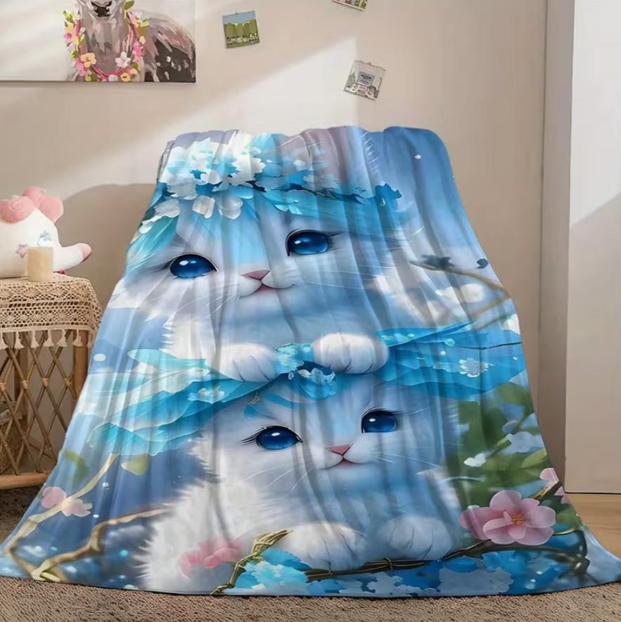 Four Seasons Blanket with Two Blue Kitten Pattern Warm Cozy Blanket Sofa Bed Blanket for Office Camping Travel Home Decor