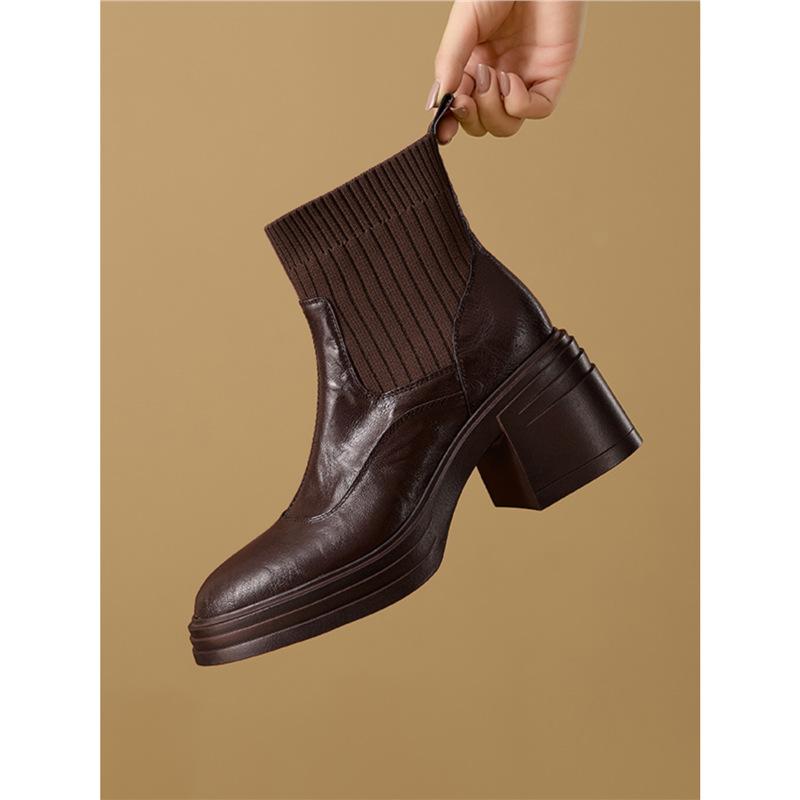 Matte leather thick heel high heel short boots women's thin boots autumn and winter new small thick bottom elastic socks boots