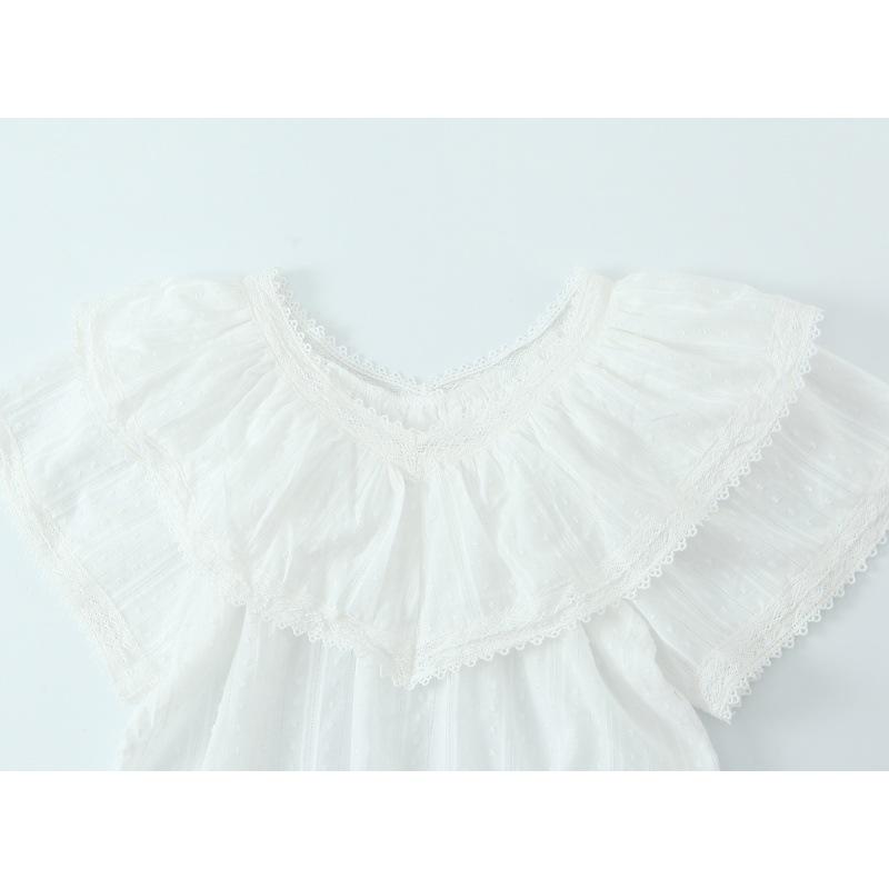 Timeless V-Neck Lace Trim French Ruffle Shirt – Sweet, Small, 2026 Style with Two Color Options, Short Sleeves