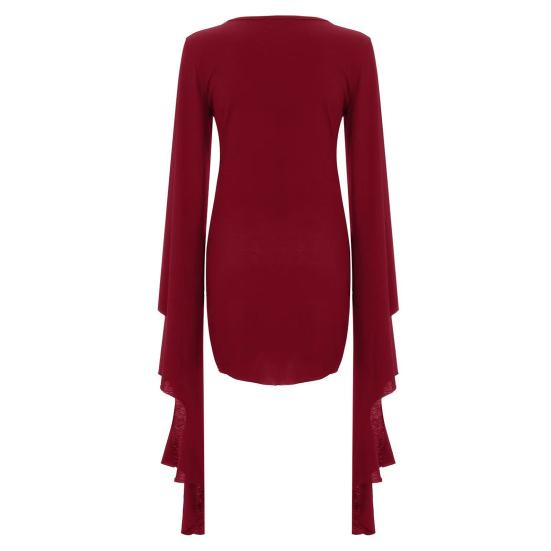 Women Halloween Dress Lace-up Slim Fit Irregular Ruffle Cuff Bell Sleeves Hollow Out Round Neck Solid Color Vampires Cosplay Performance Maxi Dress