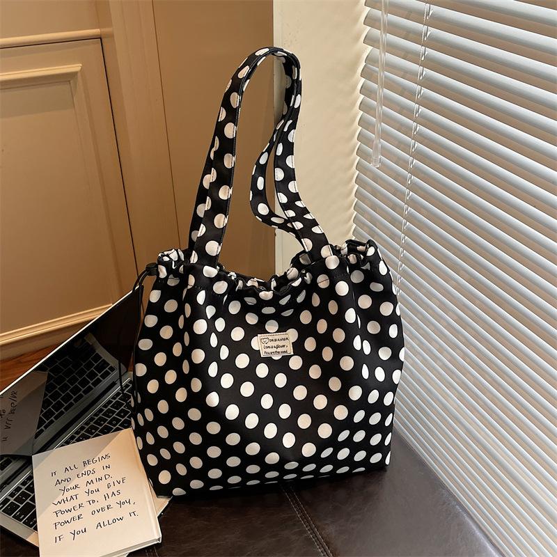Polka Dot Canvas Tote Bag With Drawstring Closure Large Capacity Shoulder Bag Casual Shopping Bag Women Daily Commute Handbag