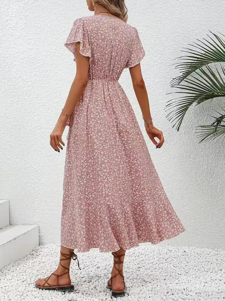Bohemian Floral V-Neck Short Sleeve Wrap Dress with Belt