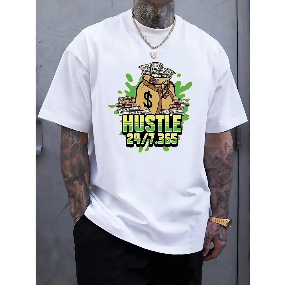 Europese maten HUSTLE Print T-shirt Voor Mannen, Casual T-shirt met Korte Mouwen Voor de Zomer