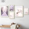 Lila Thema Wandkunst Leinwand Bilder Strand Pfingstrose Prinzessin Einhorn Poster Drucke Innengemälde Bild für Wohnzimmer Dekor