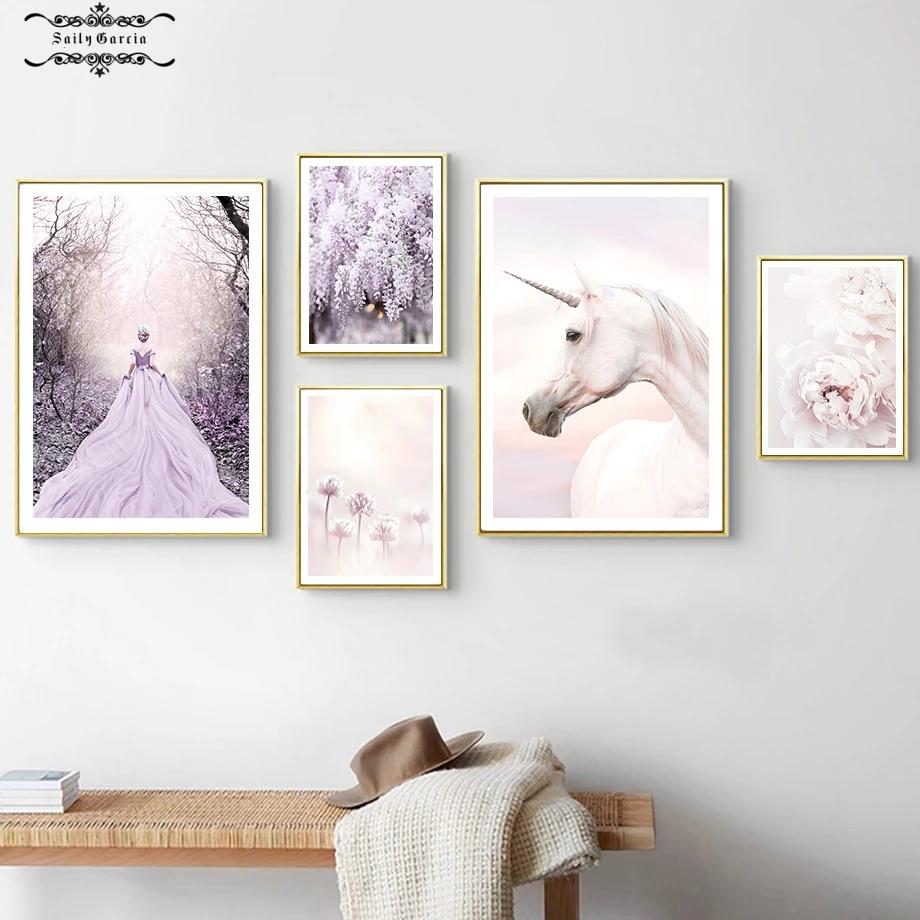 Lila Thema Wandkunst Leinwand Bilder Strand Pfingstrose Prinzessin Einhorn Poster Drucke Innengemälde Bild für Wohnzimmer Dekor