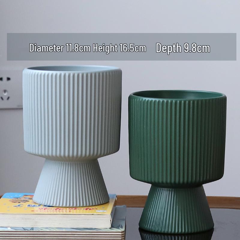 Nordic Ceramic Flower Pot with Tray - High-Footed Vertical Stripes for Indoor/ Balcony, Ideal for Pothos and Orchids.