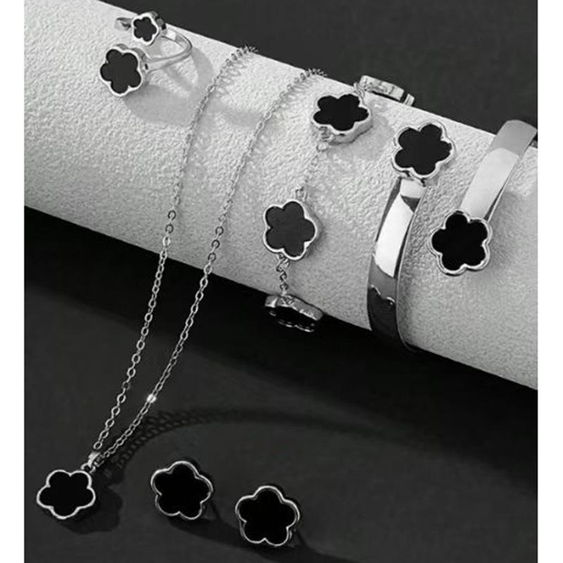 European Elegance: Five-Petal Flower Jewelry Set (Necklace, Bracelet, Bangle, Earrings, Ring)
