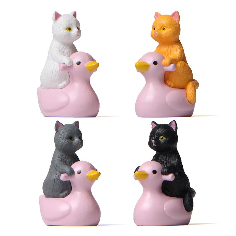 Playful Water Series: Hand-Painted Cat & Kitten Figurines on Pink Ducks for Micro Landscape Gardening