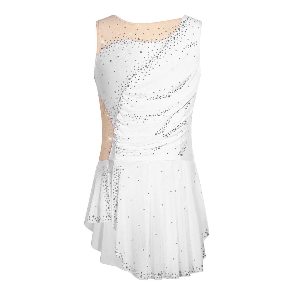 Girls Figure Skating Dress Sleeveless Sparkly Rhinestones Ruched Mesh Built In Briefs Dancewear