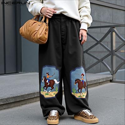 Men Casual Loose Zip-up Waist Print Wide Legs Long Trousers Pants