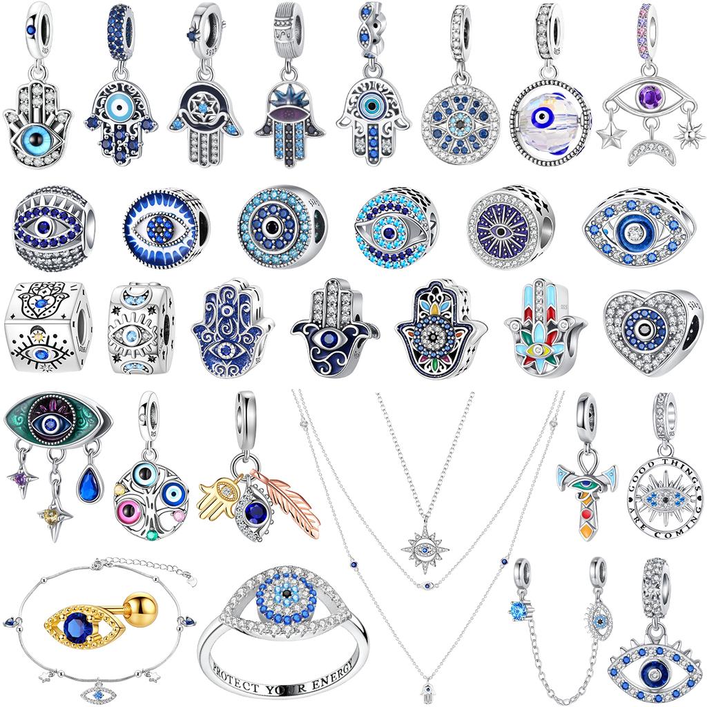 Original Copper Blue Evil Eyes Charms Ring Earrings Bead Palm Pendants Fit Bracelet Necklace Jewelry Gift