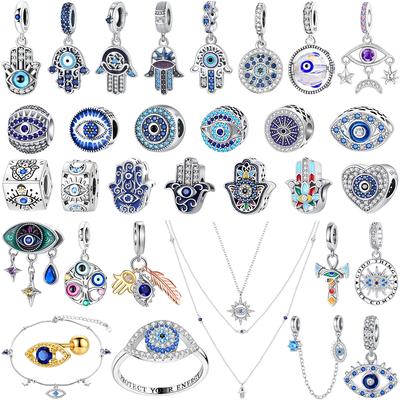 Original Copper Blue Evil Eyes Charms Ring Earrings Bead Palm Pendants Fit Bracelet Necklace Jewelry Gift