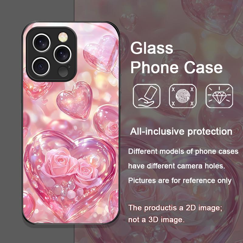 Stylish Pink Heart-Shaped Crystal Tempered Glass Phone Case for iPhone 17 16 Pro Max 15 14 13 12 11 Mini XS XR 7 8 14 Plus Cover