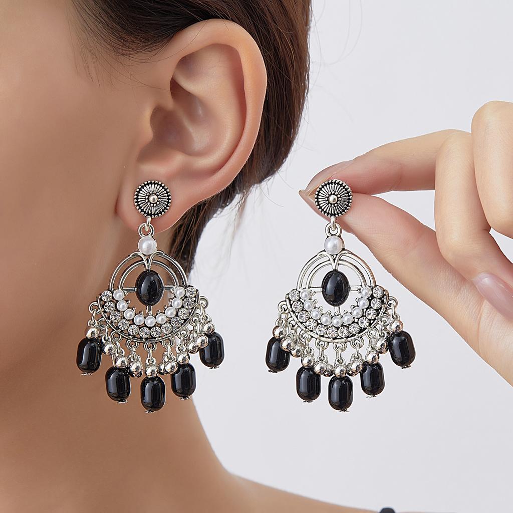 Retro Ethnic Style Rhinestone Tassel Earrings for Women , Nepal Fashion Dangle Earrings , Classic Elegant Drop Earrings