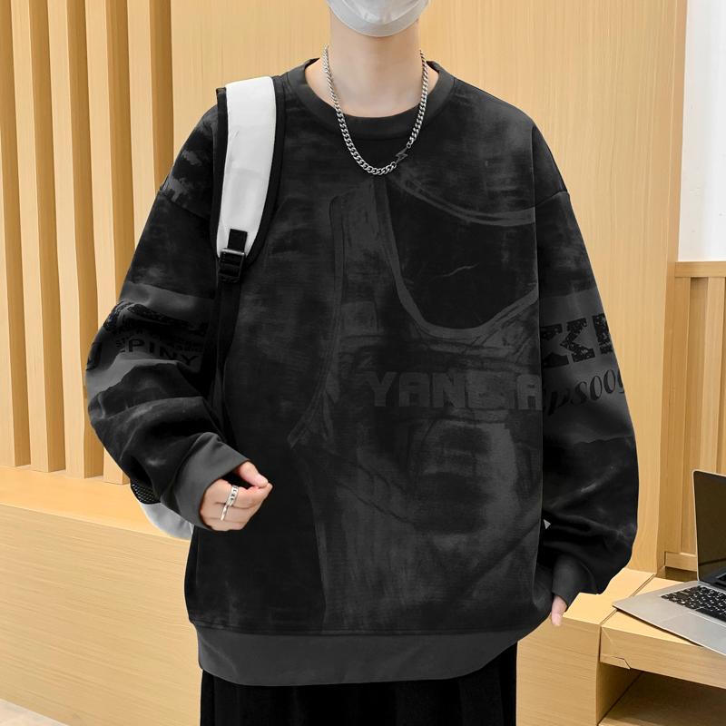 Rundhals Locker Langärmliges T-Shirt Herren Bedruckt Kontrastfarbe Vielseitiges Pullover-Top