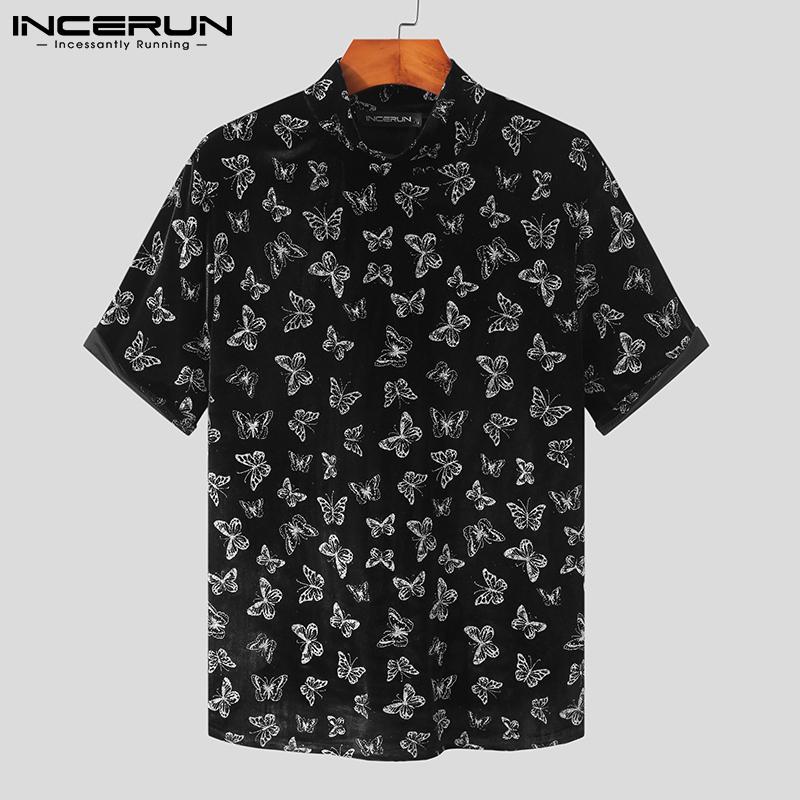 

INCERUN Мужская летняя печать Черные топы Короткие рукава Slim Fit