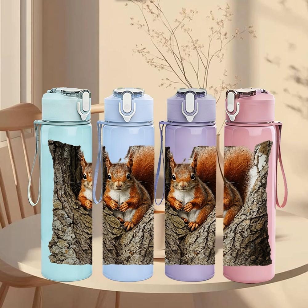 1PC Squirrel Tree Hollow Scene Print 750ml Color Plastic Sports Water Bottle Leakproof Flip Straw Lid Suitable for Sports Office Home Use