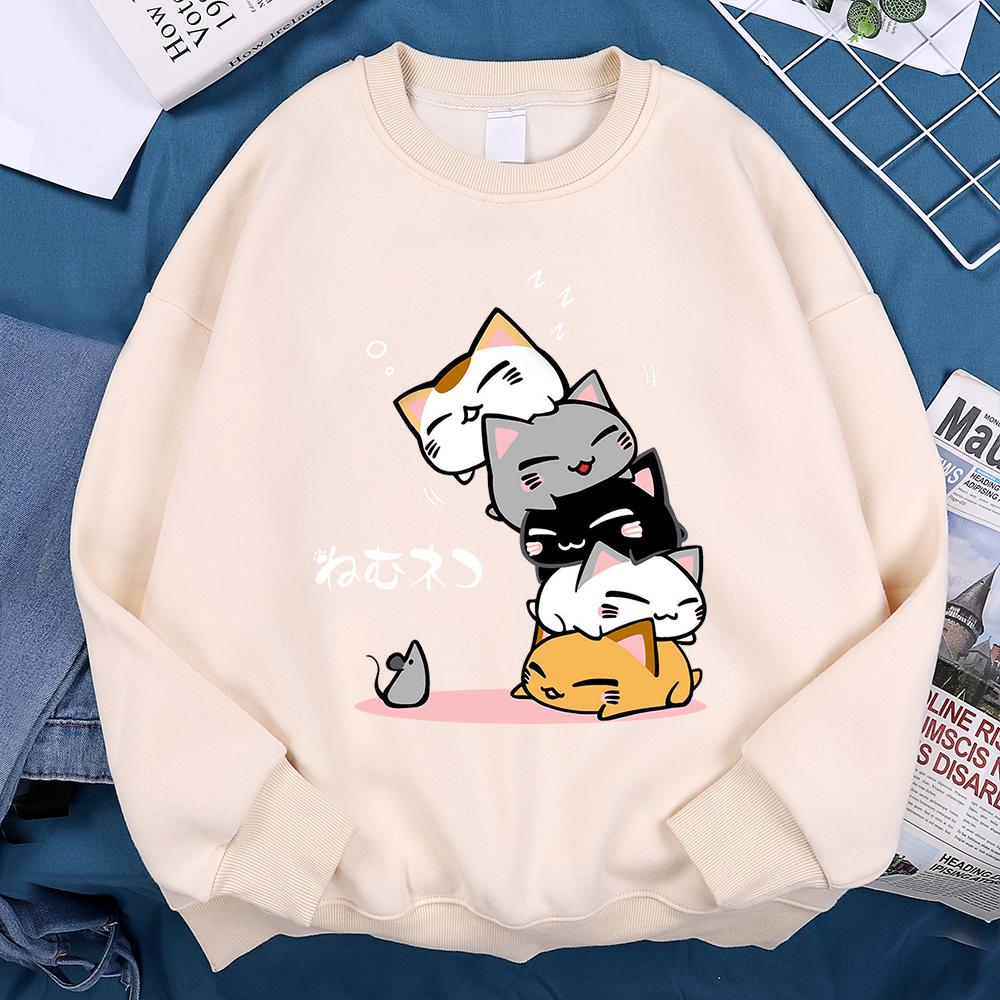 Cute Stacked Cats Sleeping Don'T See The Mouse Women Unisex Clothing Anime Pullover Hoodies Loose Fleece Hoody Casual O-Neck Streetwear