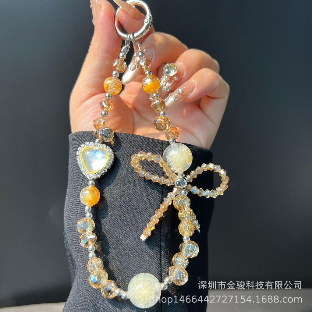 Ins Feng Shui Rhinestone Heart Phone Chain Crystal Bowknot Phone Chain Handmade Beaded Chain Rope New Anti-Lost Rope