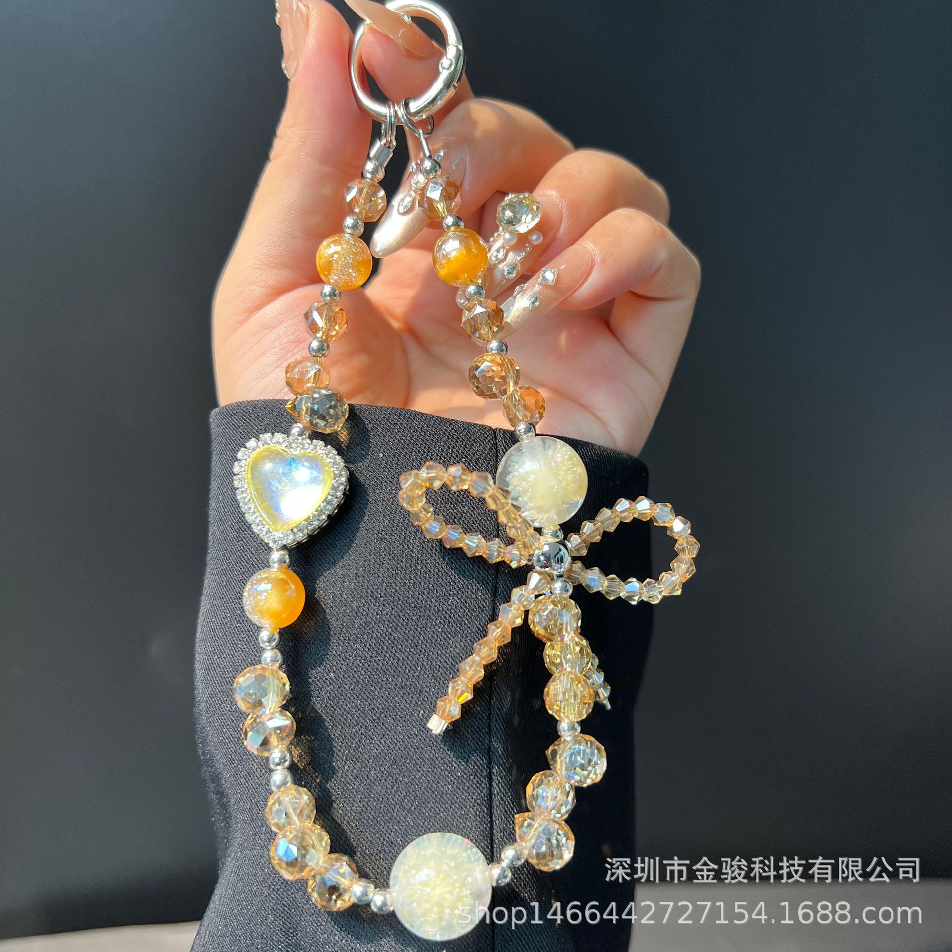 Ins Feng Shui Rhinestone Heart Phone Chain Crystal Bowknot Phone Chain Handmade Beaded Chain Rope New Anti-Lost Rope жёлтый