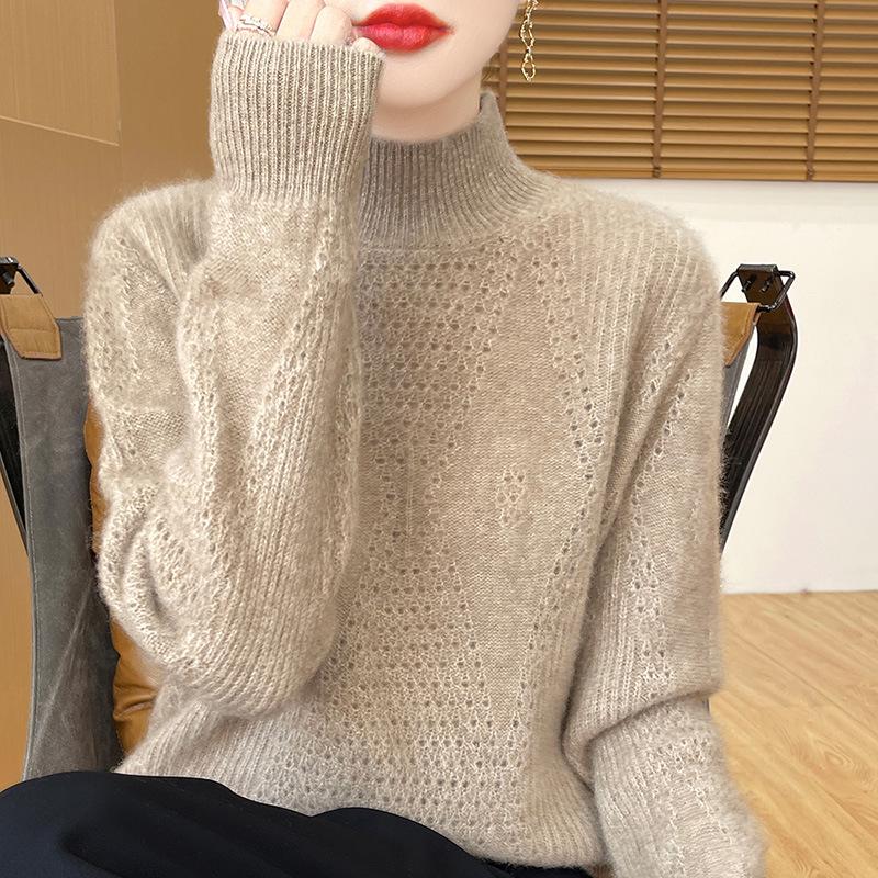 Thickened Wool Half-High Neck Diamond Cutout Pullover, Long Sleeve Women's Knit Sweater