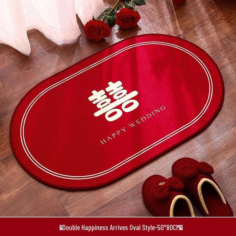 Red Crystal Velvet Non-slip Wedding Bedside Rug - Festive Bedroom Decor