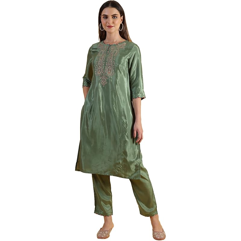 W for Woman Light Green Embroidered Shantung Straight Kurta (Size: S)-W12309-217974