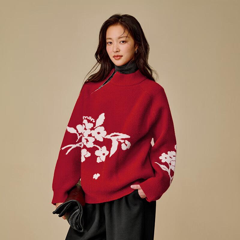 

Женский вязаный свитер INMAN красного цвета с цветочным узором для Нового года XL
