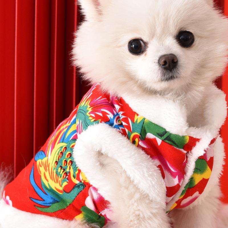 Dog Clothes Autumn Winter Plus Velvet Thick Warm Flower Jacket Teddy Small Dog Cat Pet Christmas Party Costumes Chinese Pet Vest