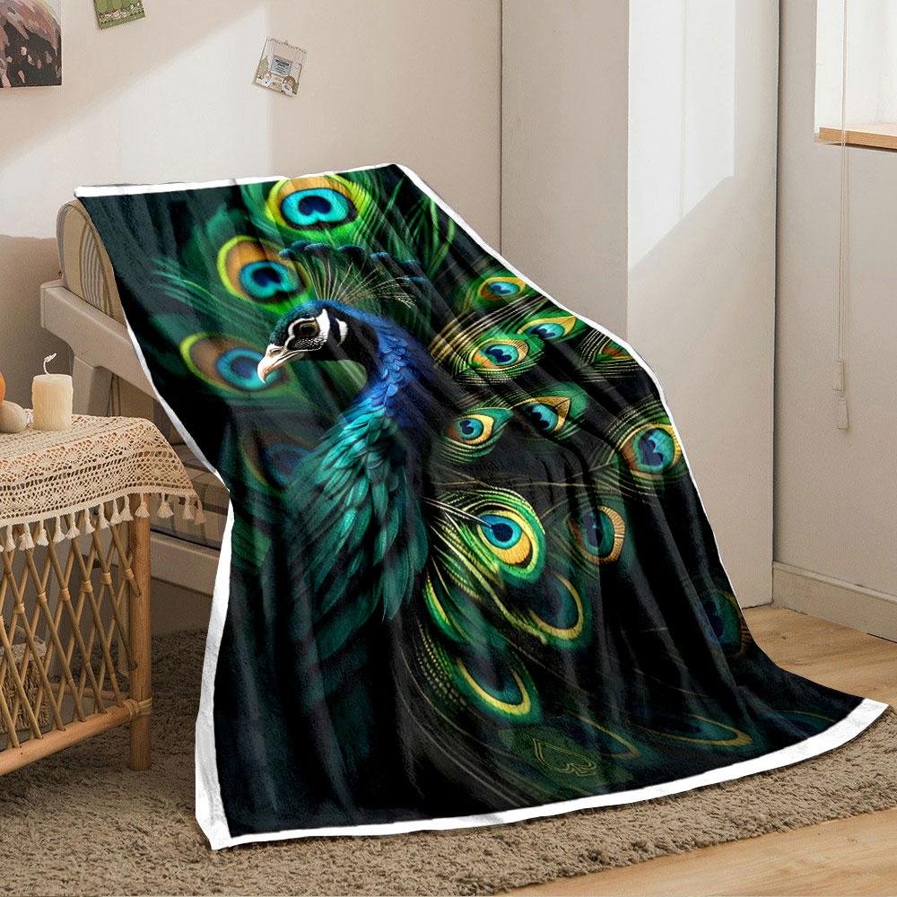 Vivid peacock feather pattern with eye-like designs in green and blue. for all seasons blanket lunch break throw gift
