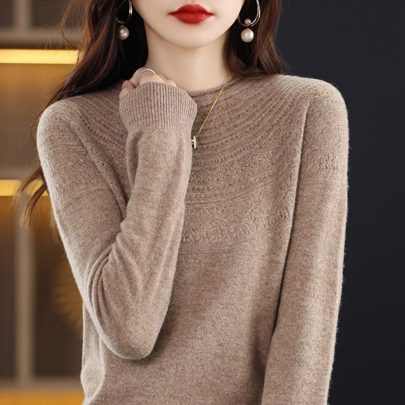 Women's Wool Sweater: Autumn & Winter Loose Knit, Half-High Collar, Hollow-Out Design, Rolled Hem.