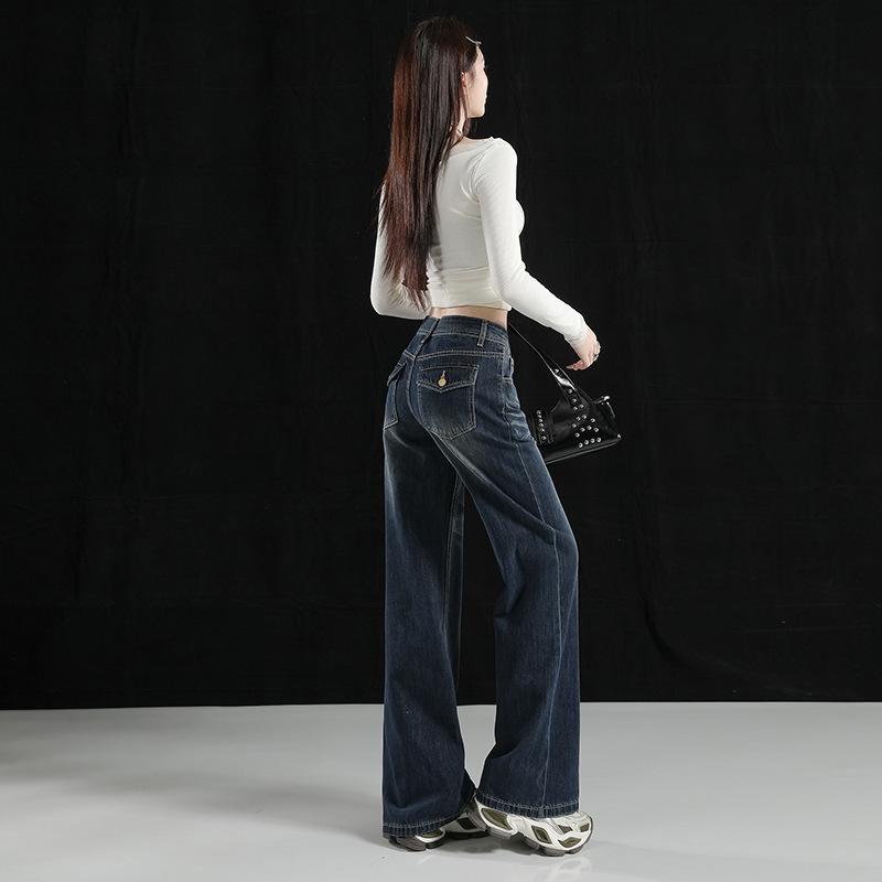 American retro micro-pull jeans women's autumn and winter new low-rise straight loose wide-leg thin flared pants