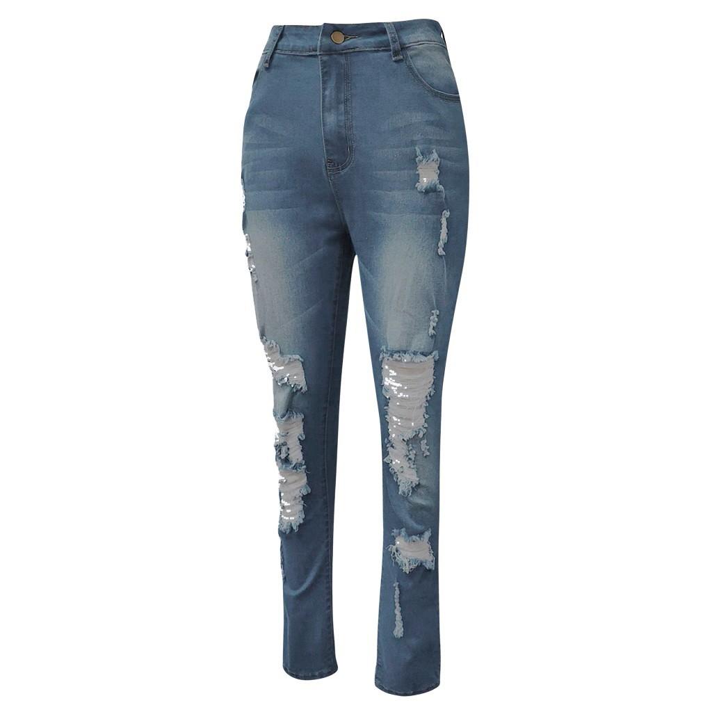 Women's High Waist Hole Jeans Button Pants Trousers Bell-bottom Pants