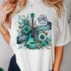 Country Music Girl's Guitar Flowers Printed Women's Short Sleeve T-Shirt Basic Top Casual Fashion Lady's Tee Cute Style Gift