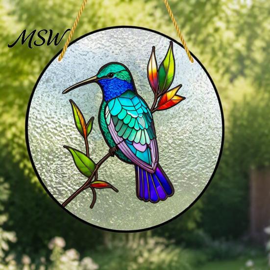 Easy Install Hanging Pendant Colorful Hummingbird Wall Decoration, Stained Acrylic Suncatcher for Window Exquisite Floral Bird Motif Decor, Decorative