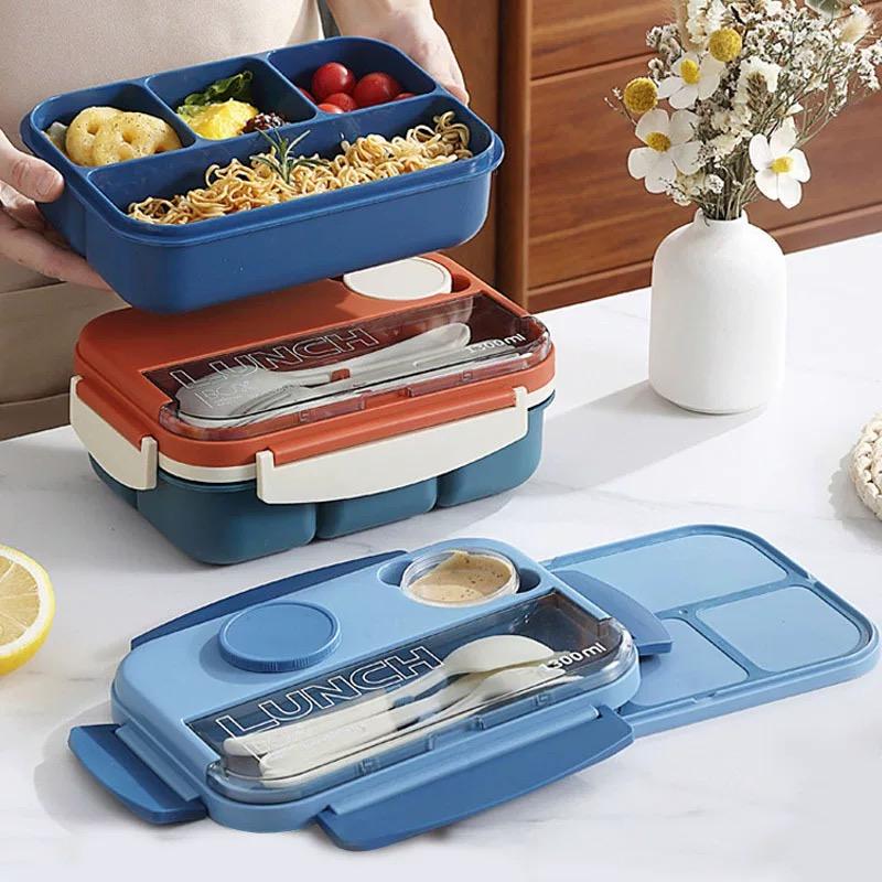1300ml Plastic Lunch Box 4 Grid Sauce Dish Microwave Safe Bento Box with Spoon Fork Knife Portable Student Office Food Container