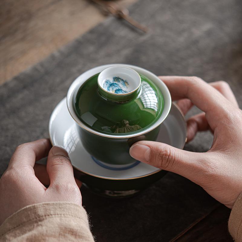 Emerald Green Hand Painted Thousand Mile Landscape Cover Bowl Original Glaze Ceramic Antique Style Gongfu Anti Scald Tea Set