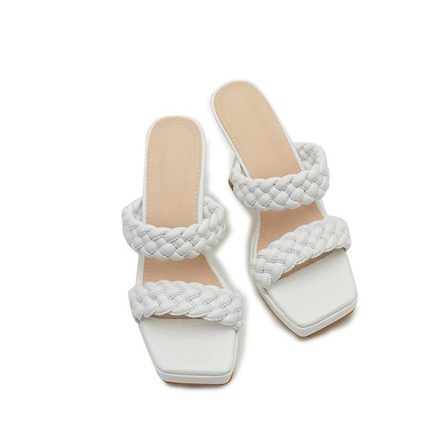 Summer Women 11cm High Heels 2cm Platform Slippers Lady Weave Leather Chunky Block Heels Slides Mules White Fetish Shoes