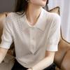 Women's White POLO Collar Knitted T-shirt Summer Loose Ice Silk T-shirt Hollowed Out Knitted Top