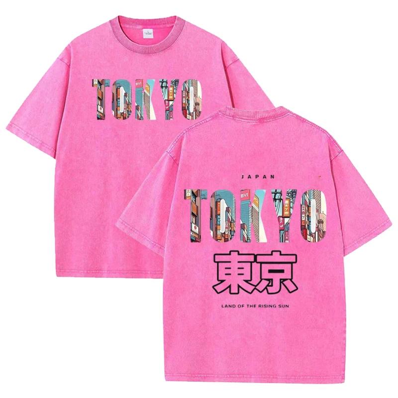 Retro Tokyo Cityscape T Shirt Men Women Casual Washed Cotton Short Sleeve Top