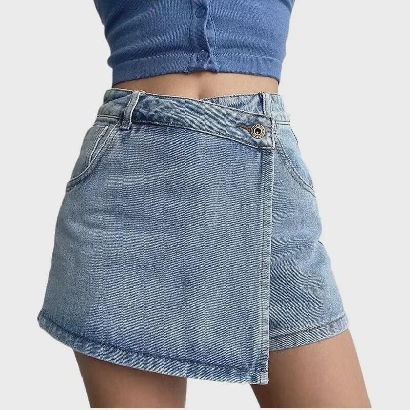 Women's Retro High-Waist A-Line Denim Skirt - Large, Summer, Oblique Buckle, Anti-Exposure.